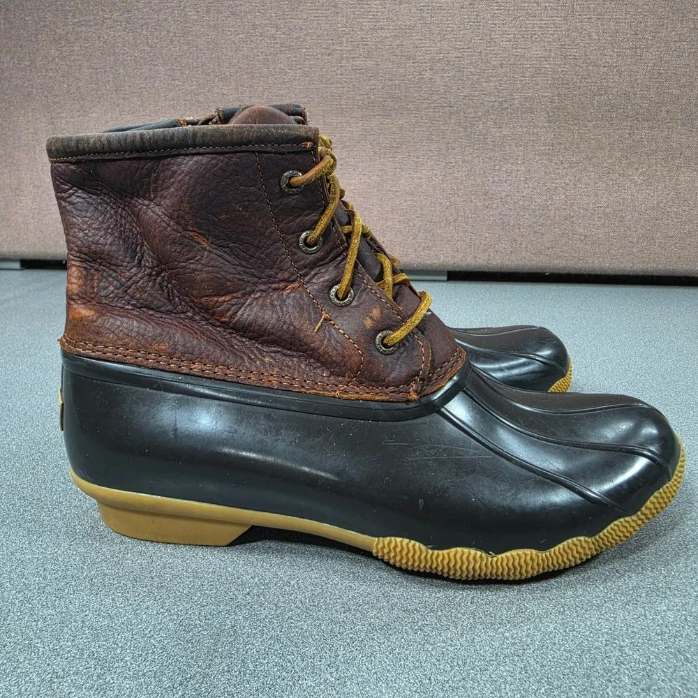 Sperry Saltwater Duck Boots Womens Brown Leather Rubber Ankle Good Side Zip
